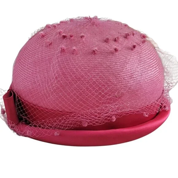 VTG Mid Century Pink Pillbox Derby Hat with Swiss Dot Netting and Bow 1950s